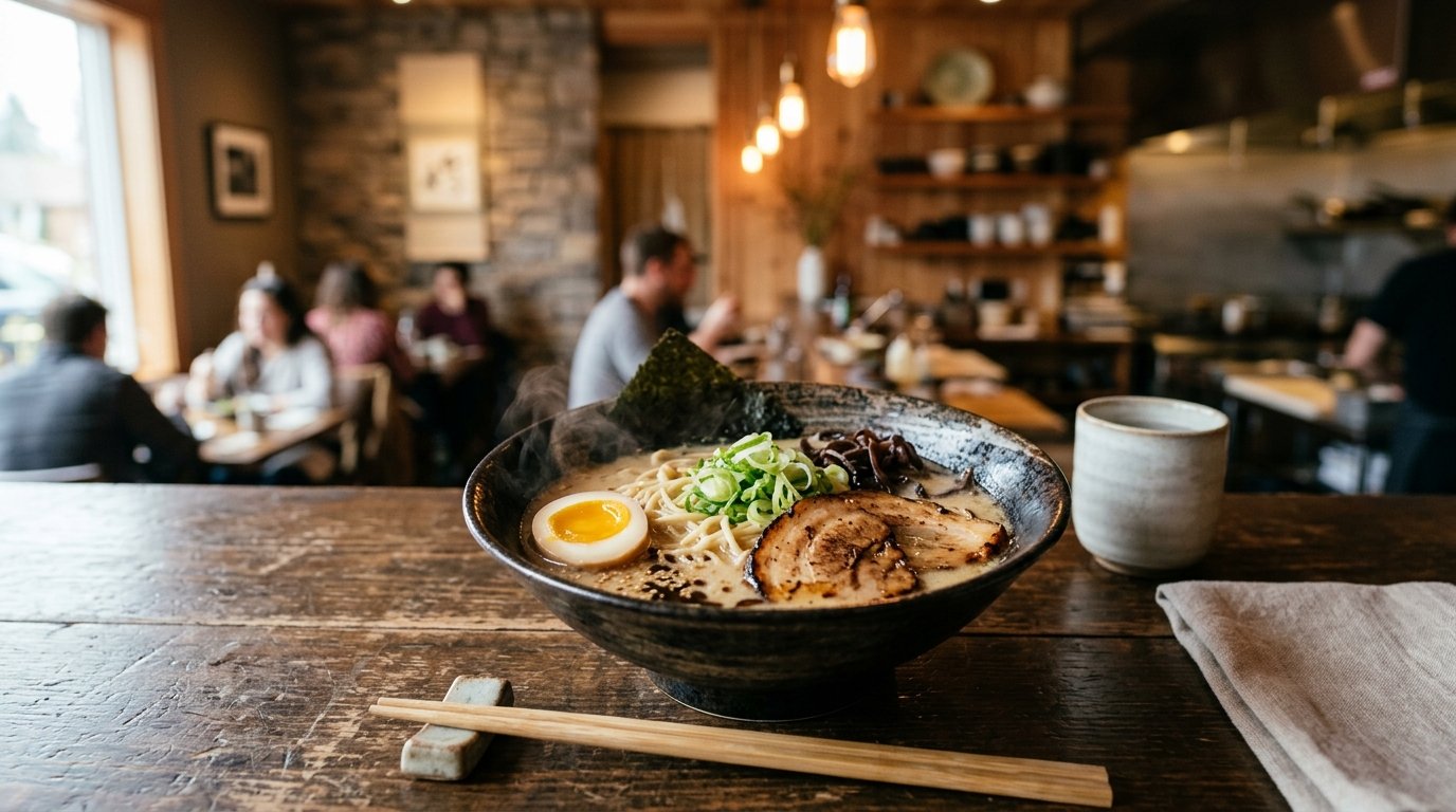 A steaming bowl of ramen with noodles, pork, egg, green onions, and seaweed on a restaurant counter.