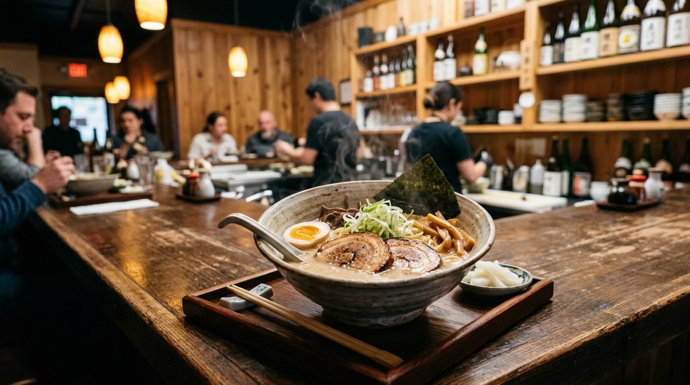 A steaming bowl of ramen with pork, egg, green onions, and seaweed on a wooden counter in a warmly lit Japanese restaurant.