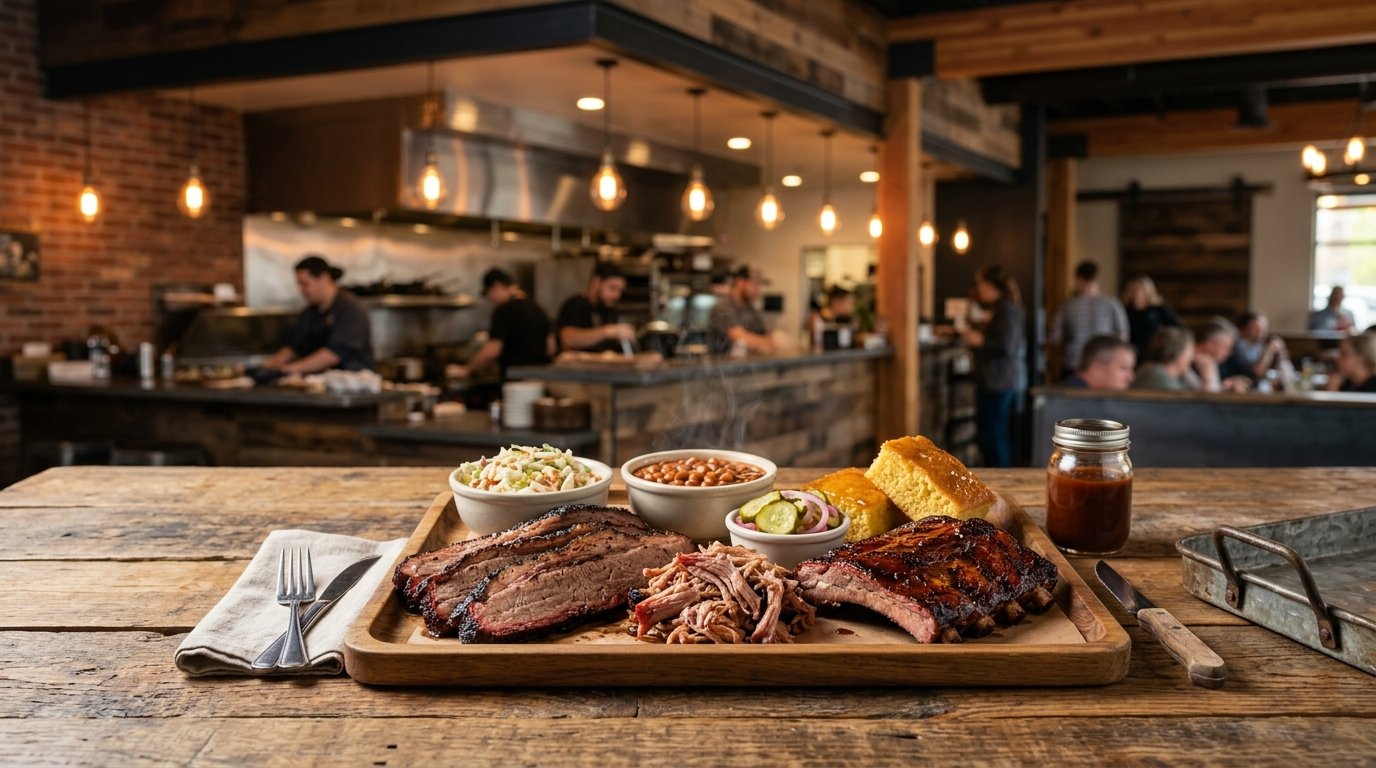 A platter of barbecue meats and classic side dishes on a wooden table in a warmly lit restaurant.