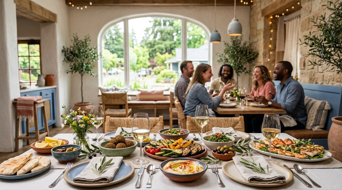 A warmly lit Mediterranean restaurant with diners enjoying a table filled with colorful dishes.