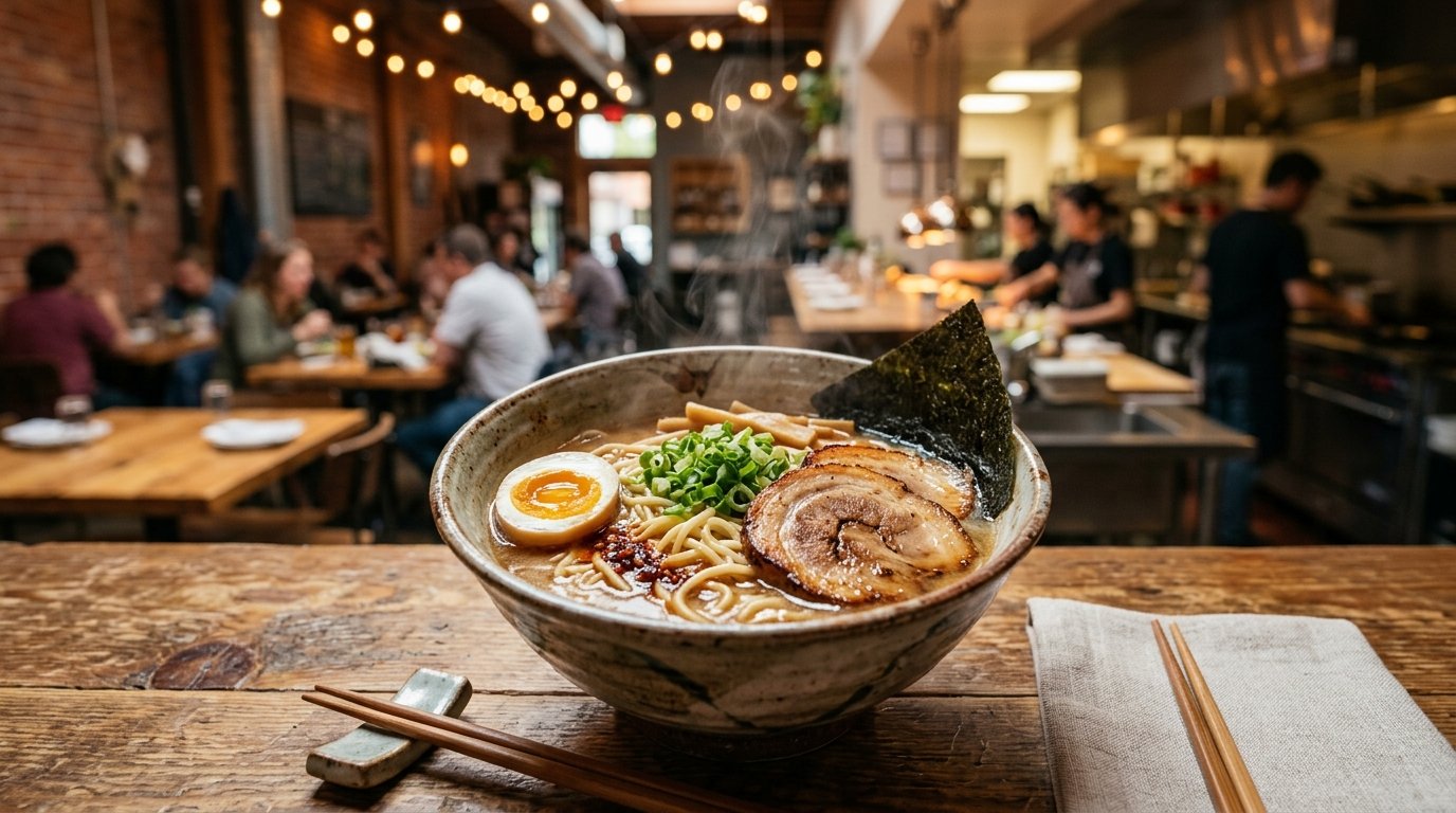 A steaming bowl of ramen with pork, noodles, egg, scallions, and seaweed on a wooden counter.