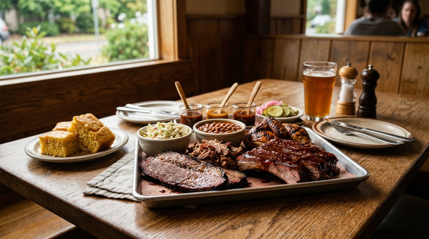 A table filled with smoked barbecue meats, sides, sauces, and cornbread in a cozy restaurant.