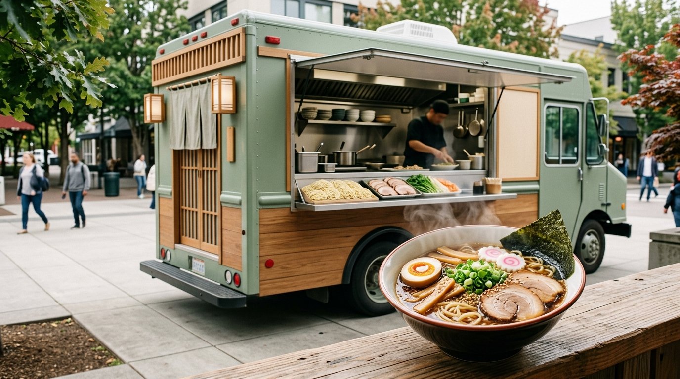 A ramen food truck serving a steaming bowl of ramen in an outdoor Eugene setting.