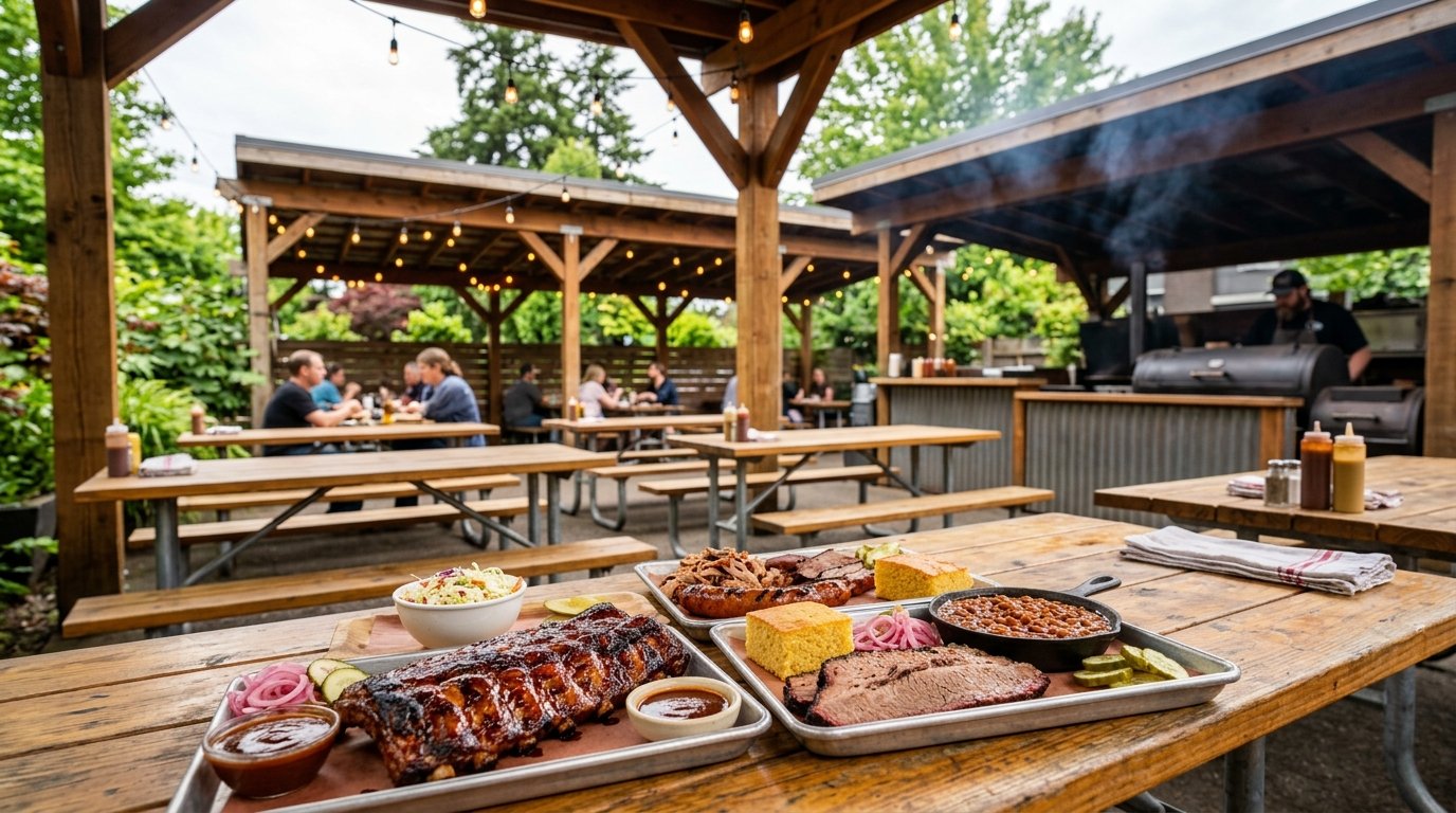A barbecue meal with ribs, brisket, pulled pork, sides, and sauces on a table at an outdoor restaurant.