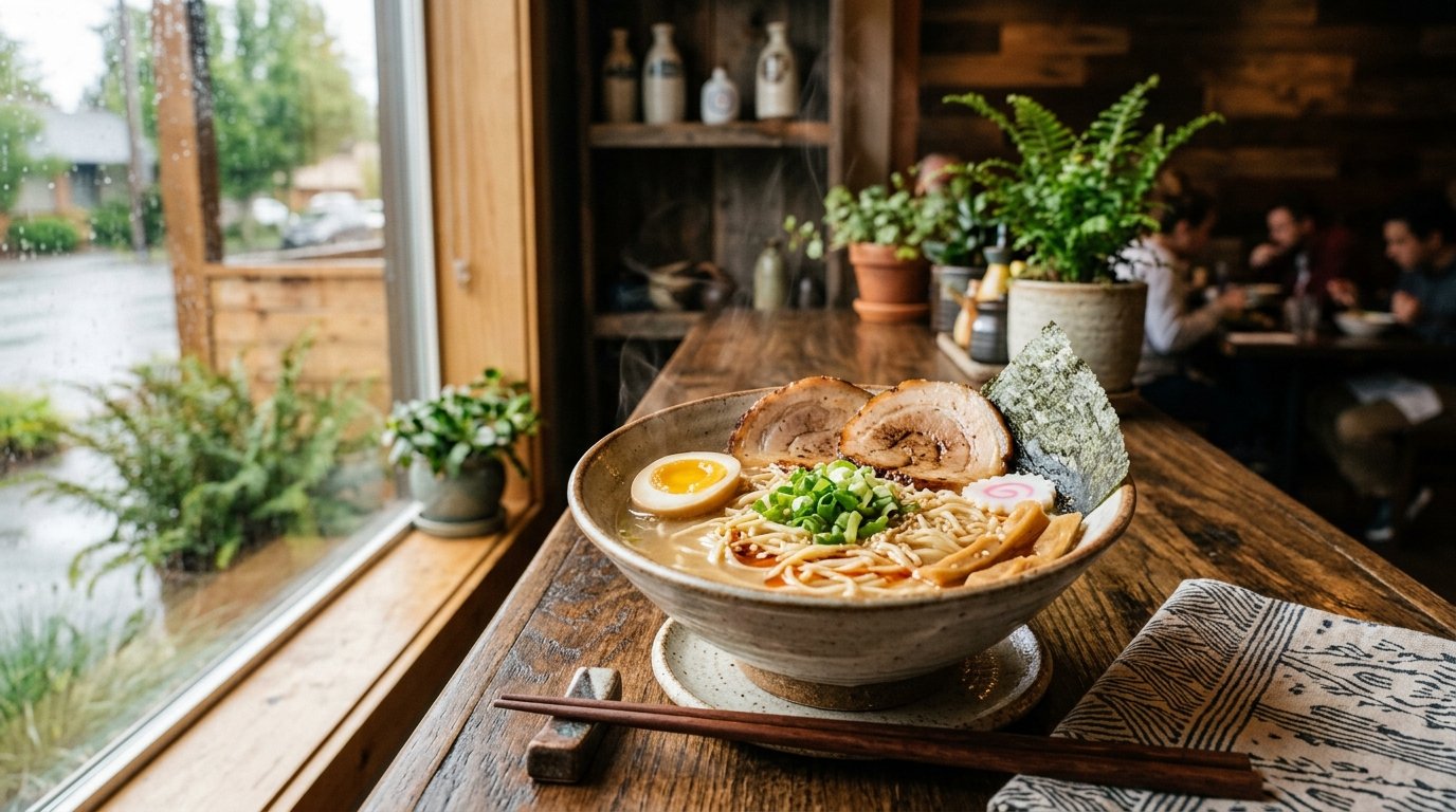 A steaming bowl of ramen with pork, egg, noodles, and vegetables on a restaurant counter.