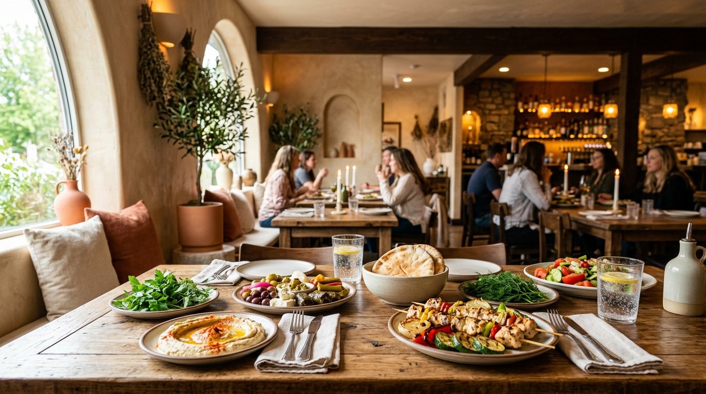 A warmly lit Mediterranean restaurant table featuring hummus, mezze, grilled vegetables, olives, pita bread, and a plated entrée.