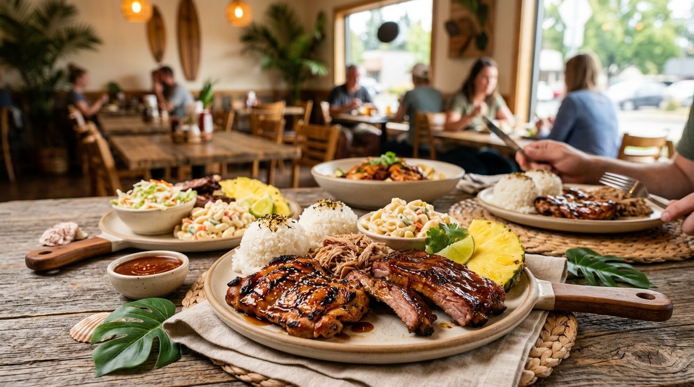 A table filled with Hawaiian-style barbecue, rice, macaroni salad, pineapple, and slaw in a welcoming restaurant setting.