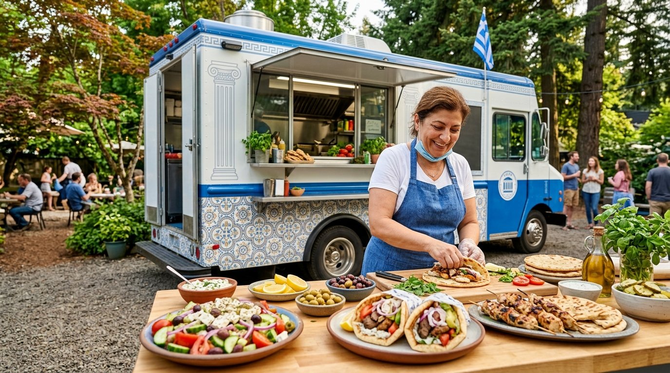 A Greek food truck serving gyros, pita, salad, and grilled vegetables at an outdoor gathering in Eugene.