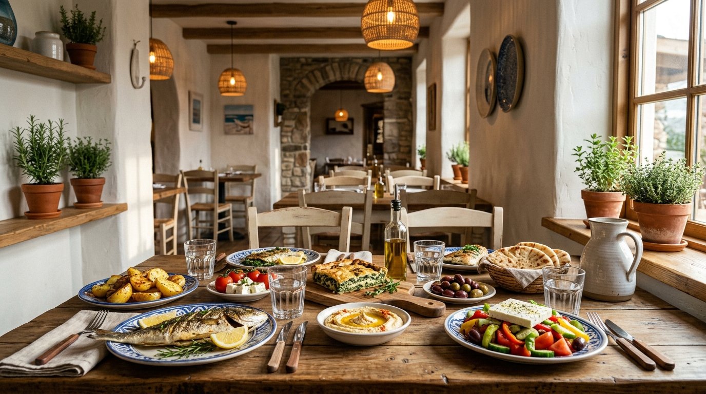 A warmly lit Greek restaurant table covered with Mediterranean dishes and surrounded by cozy rustic decor.