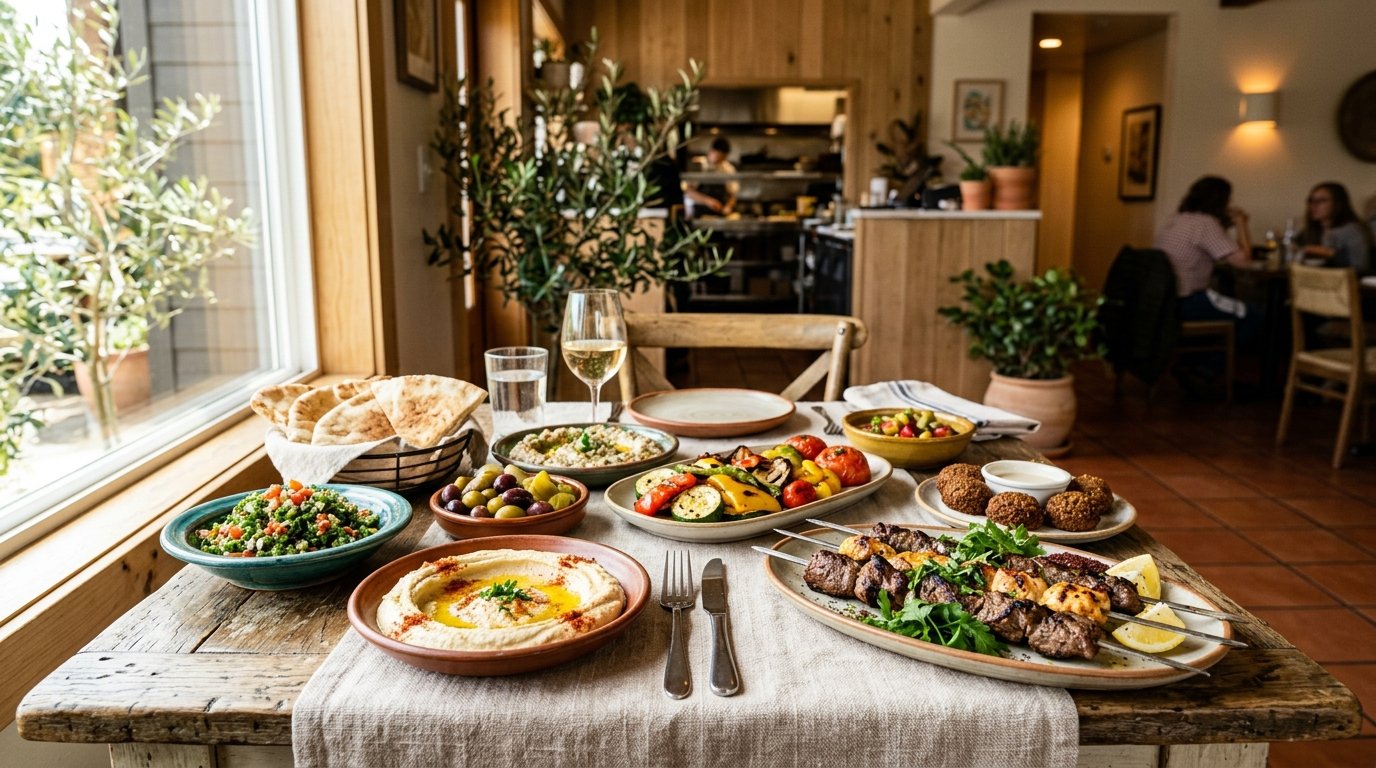 A table filled with colorful Mediterranean dishes in a warmly lit restaurant.