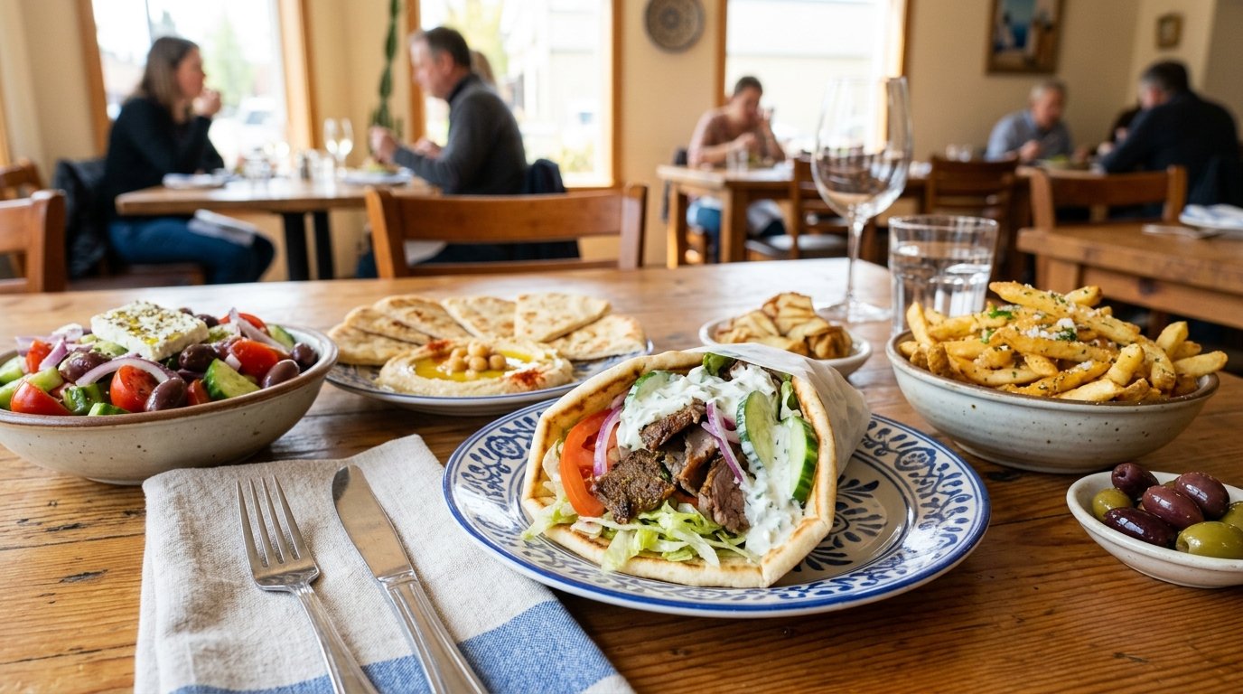 A gyro platter with fries, hummus, salad, and olives on a restaurant table.