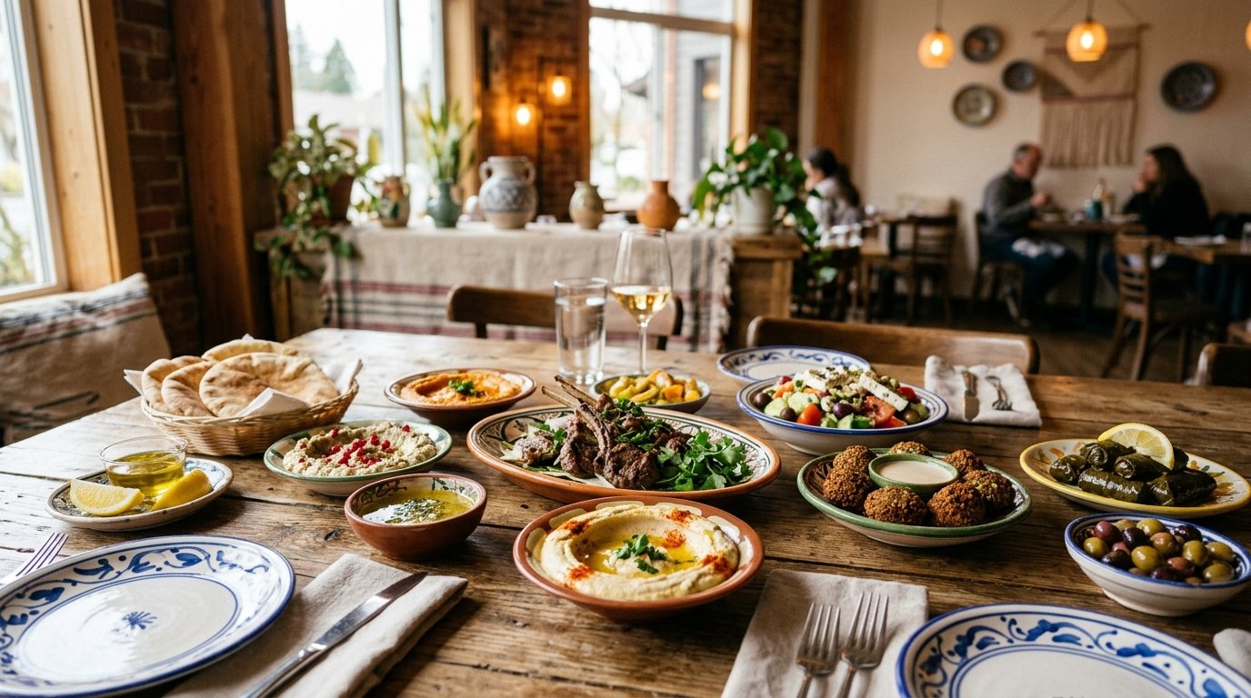 A warmly lit restaurant table covered with colorful Mediterranean dishes, pita bread, olives, herbs, and small bowls of dips.