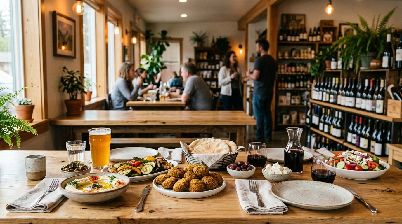 A Mediterranean meal is arranged on a table inside a warmly lit cafe with beverage shelves in the background.