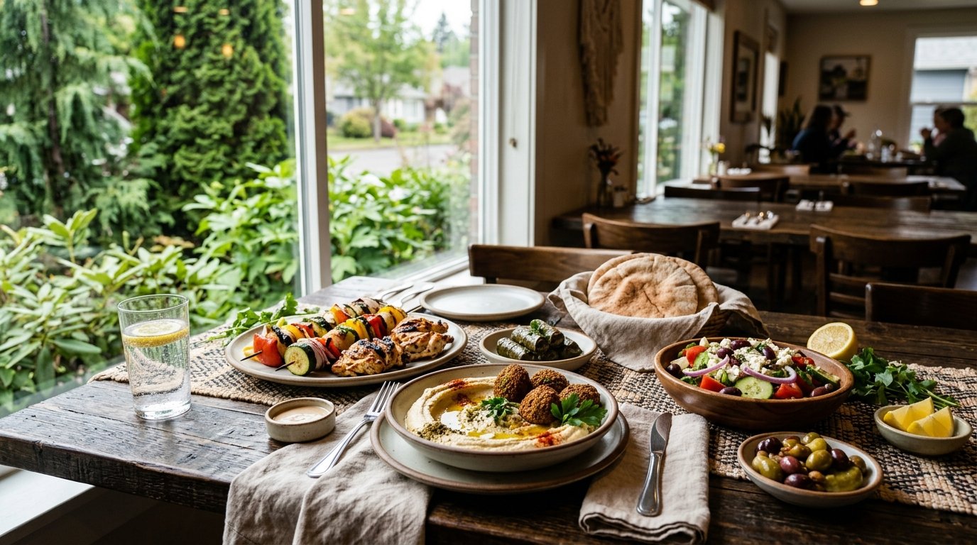 A Mediterranean meal with hummus, falafel, salad, grilled vegetables, pita, and olives on a restaurant table.