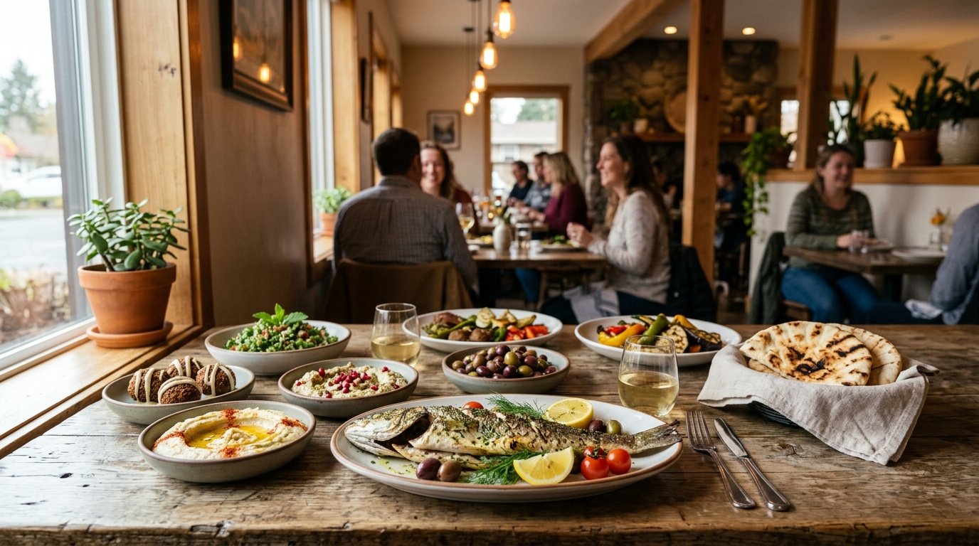 A colorful Mediterranean meal with hummus, falafel, salad, olives, pita, and grilled food on a restaurant table.