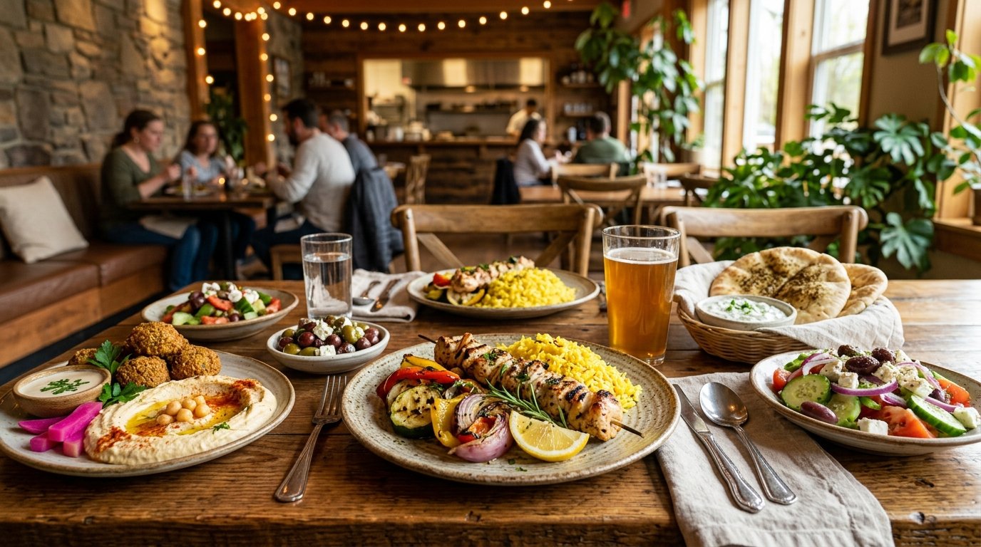 A colorful Mediterranean meal with hummus, falafel, grilled vegetables, salad, olives, and pita served on a restaurant table.