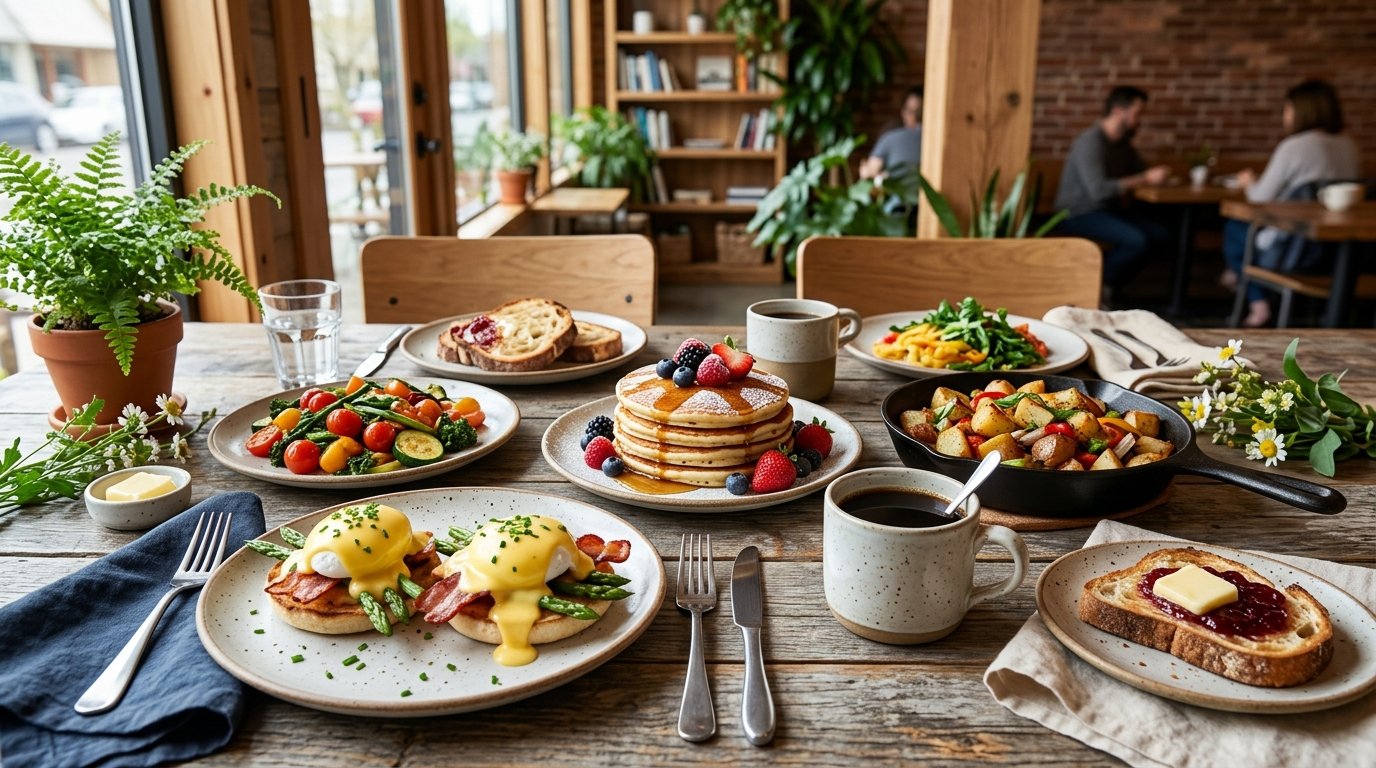 A colorful brunch spread with eggs Benedict, pancakes, toast, fruit, vegetables, potatoes, and coffee on a wooden table.