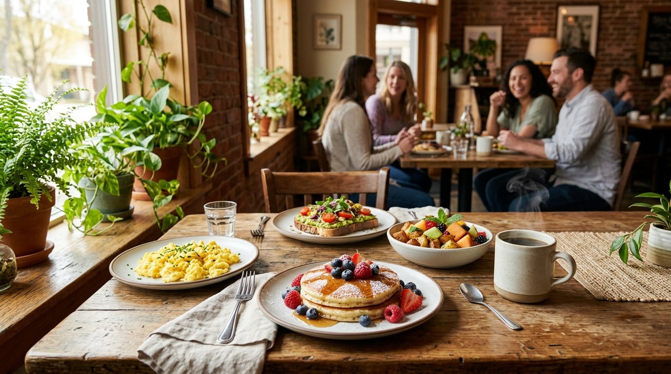 A colorful brunch spread with coffee sits on a wooden table in a bright, cozy café.