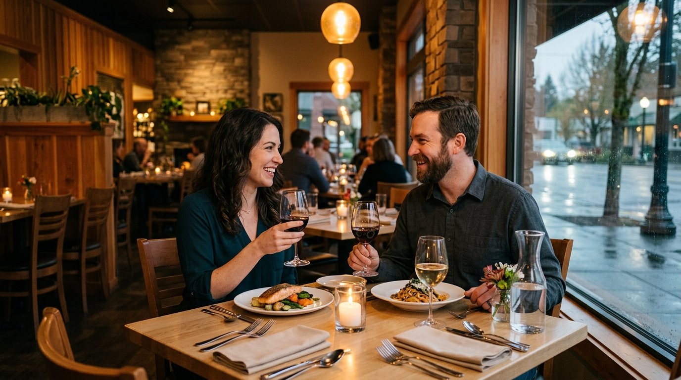 A couple enjoys an elegant dinner at a warmly lit restaurant in Eugene.