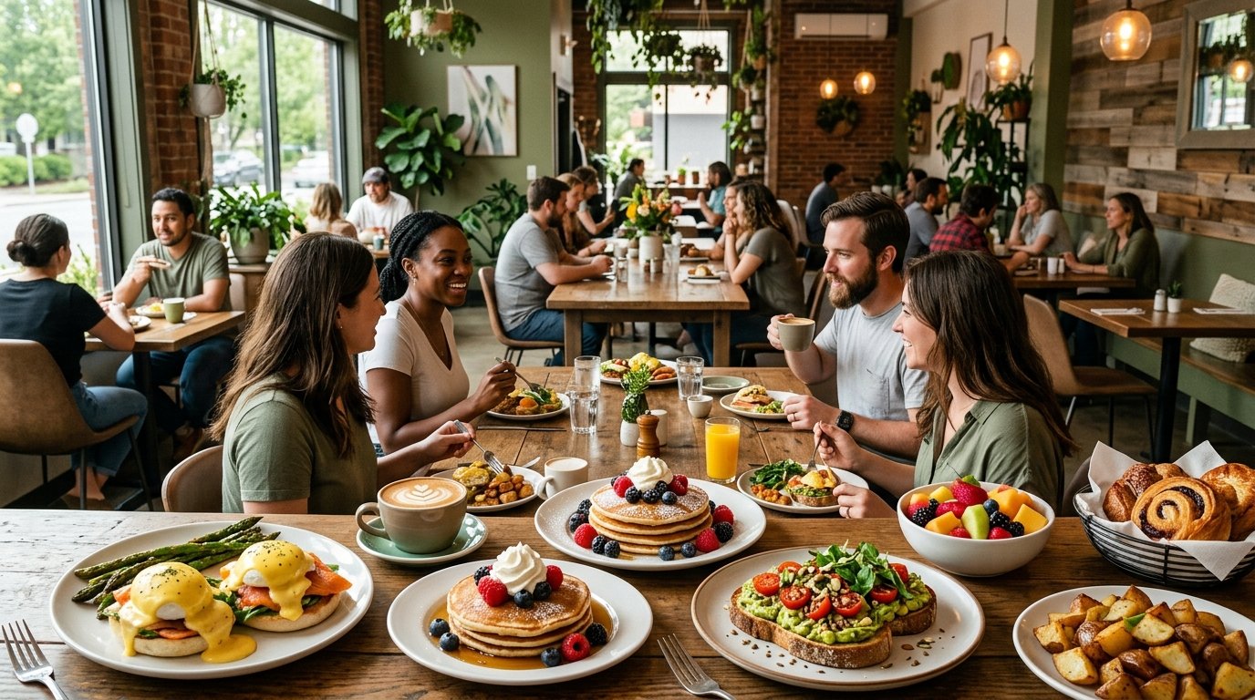 People enjoying a colorful brunch in a bright, welcoming cafe.