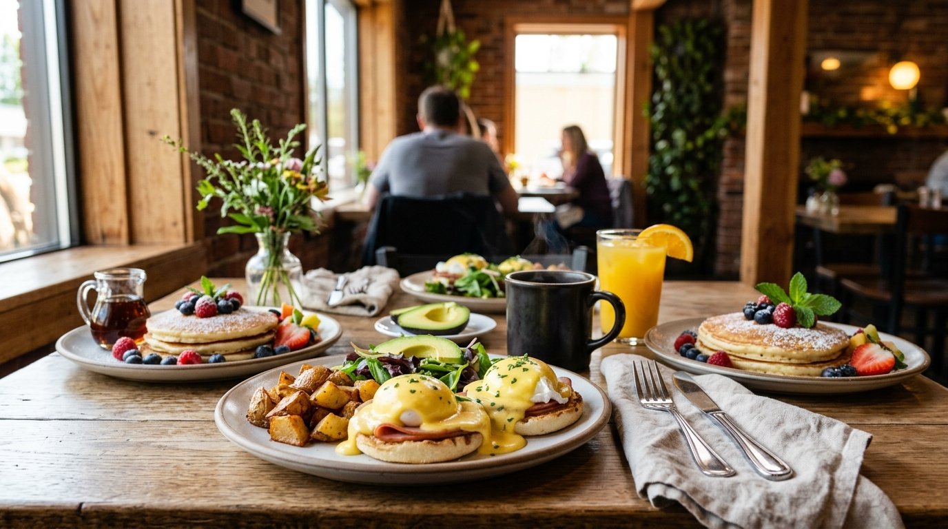 A plated brunch spread with eggs, pancakes, fruit, coffee, and juice on a warmly lit restaurant table.