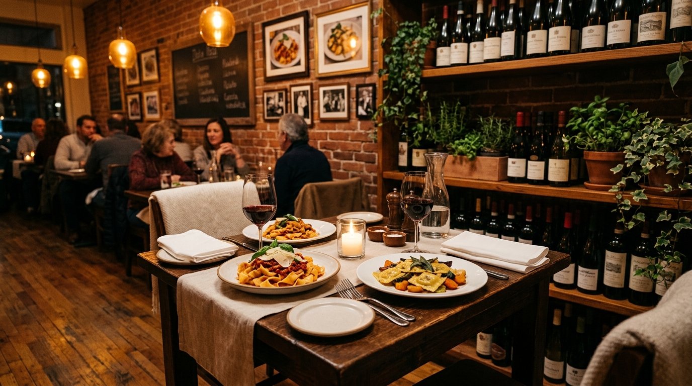 A warmly lit Italian restaurant table set for two with pasta, wine, and candlelight.