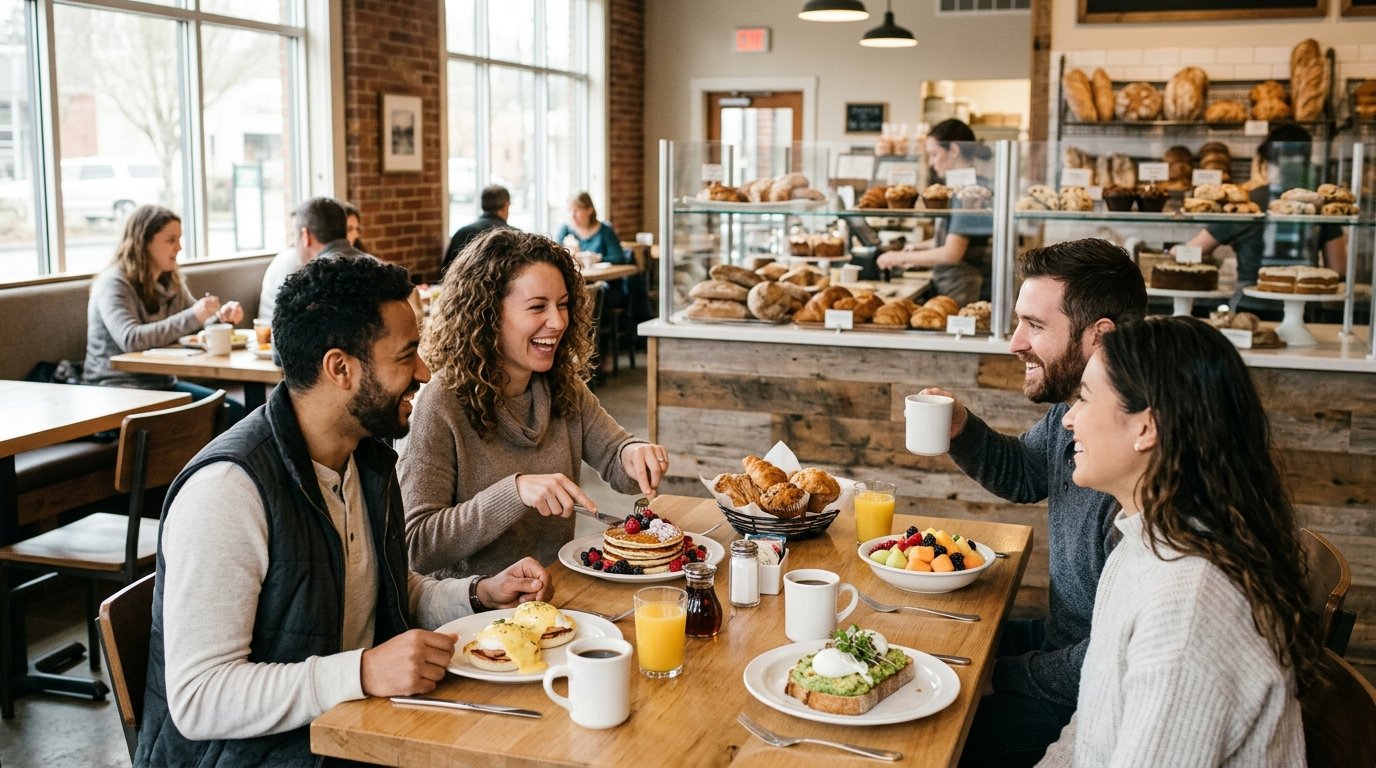 Friends enjoy brunch dishes and fresh pastries inside a welcoming diner and bakery.