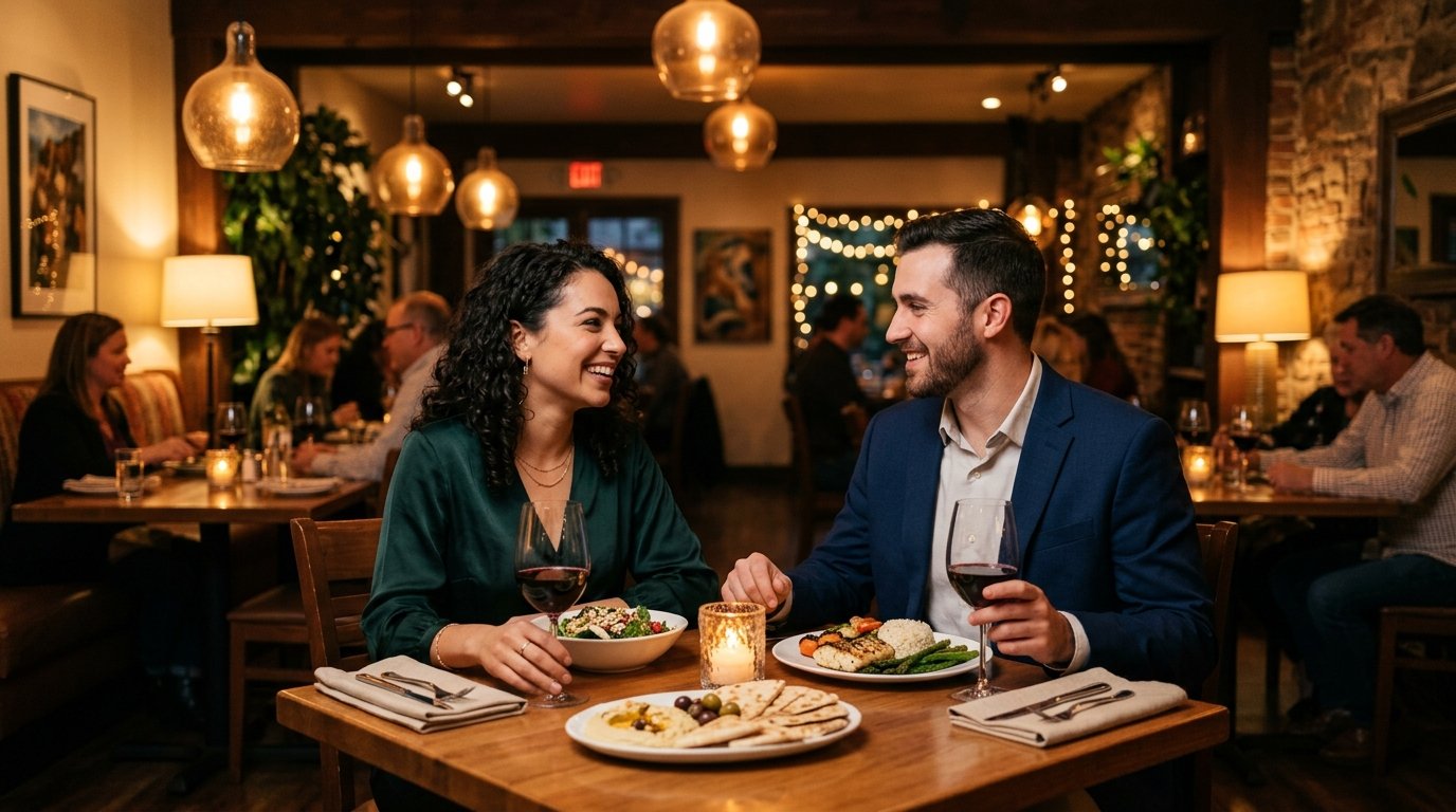 A couple enjoys dinner together at a warmly lit restaurant table.