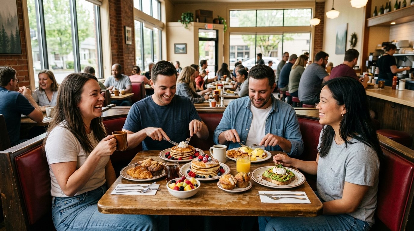 Diners enjoy a colorful brunch spread inside a welcoming neighborhood diner.