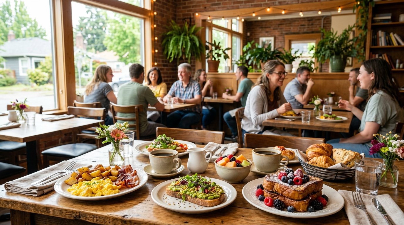 A bright neighborhood bistro dining room with a table filled with a variety of brunch dishes and coffee.
