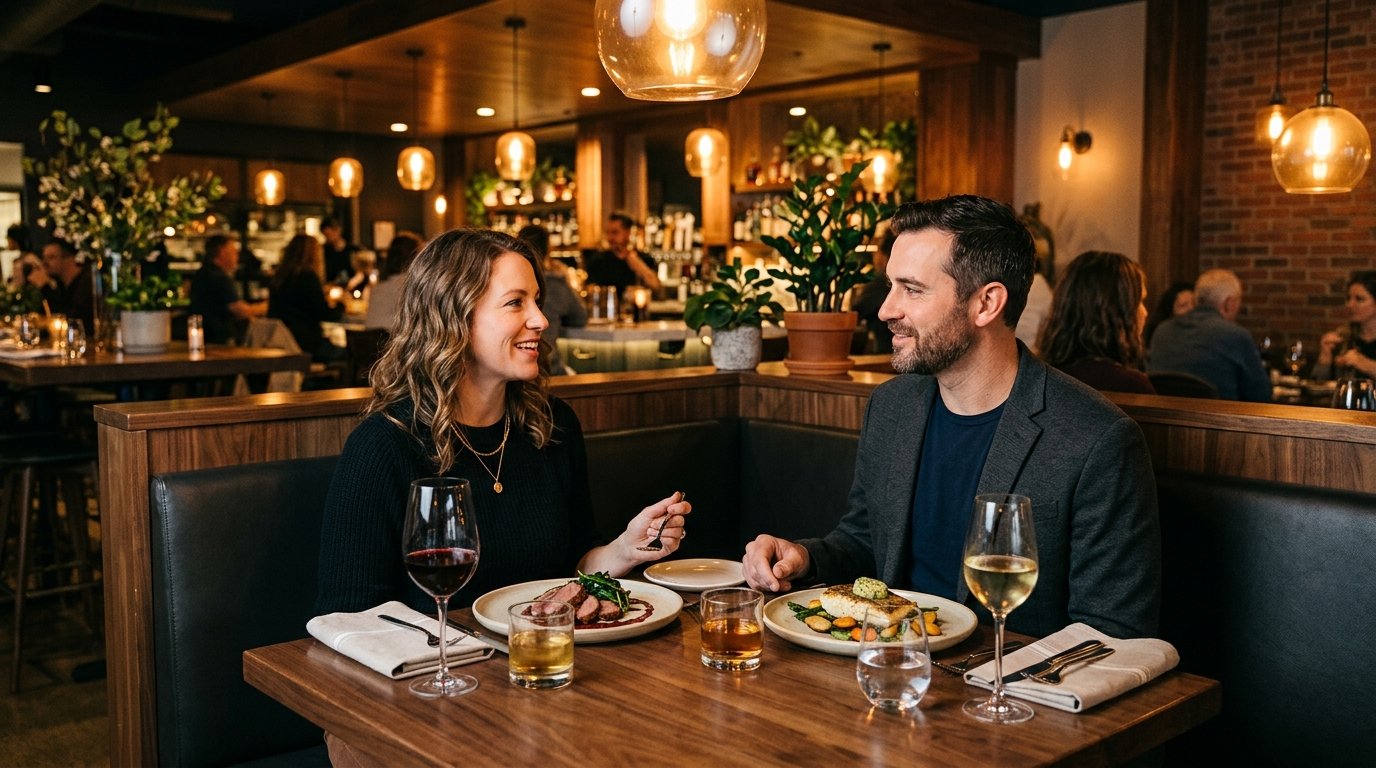 A couple enjoys a warmly lit dinner at an intimate restaurant table.
