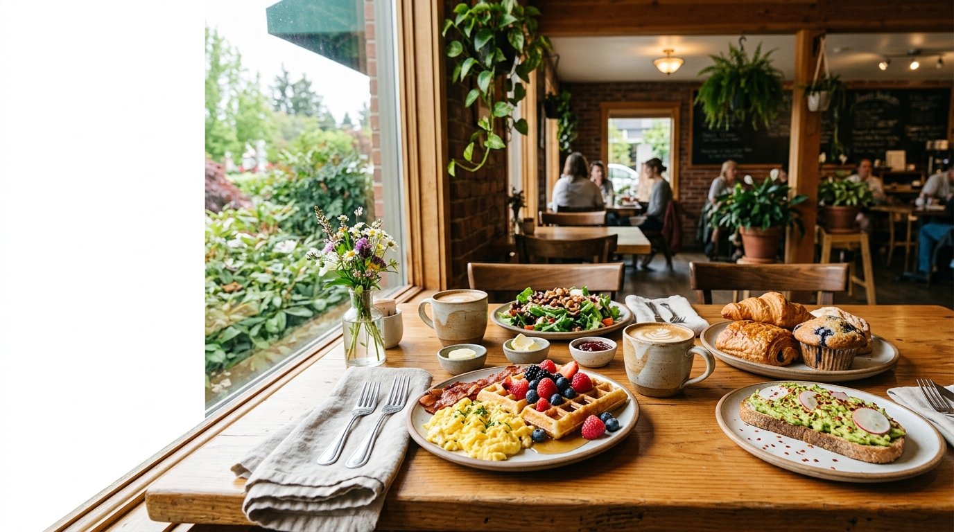 A colorful brunch spread with coffee and pastries on a table in a bright neighborhood cafe.