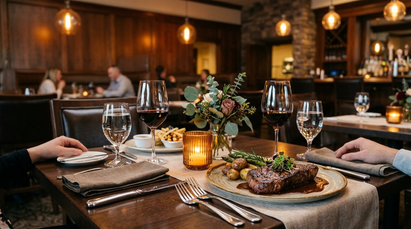 An elegantly set table for two with a plated steak in a warmly lit restaurant.