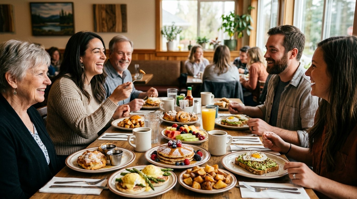 Friends and family enjoying a generous brunch spread in a warm, welcoming restaurant.