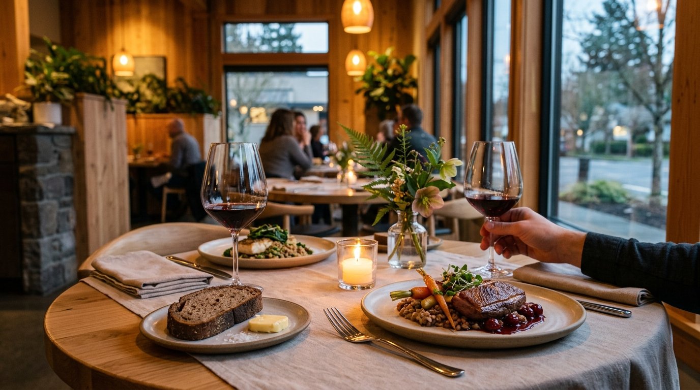 An intimate restaurant table for two with candlelight, elegant place settings, and a rye-based appetizer.