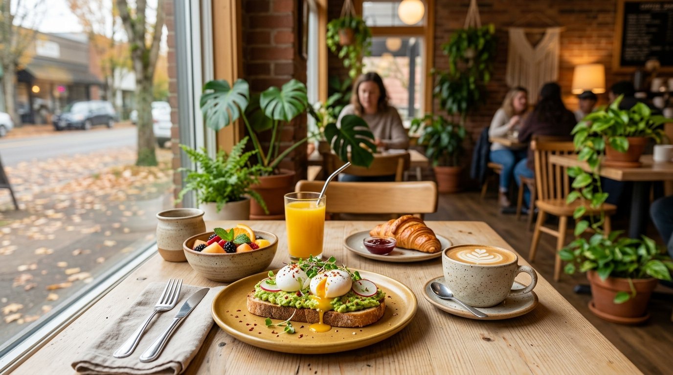 A cozy cafe table with coffee, avocado toast, fruit, pastry, and juice beside a sunlit window.