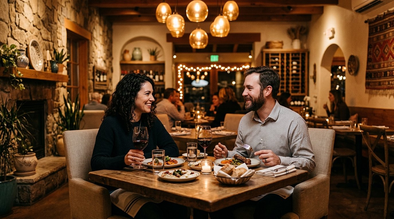 A couple enjoys dinner together at a warmly lit Mediterranean-style cafe.