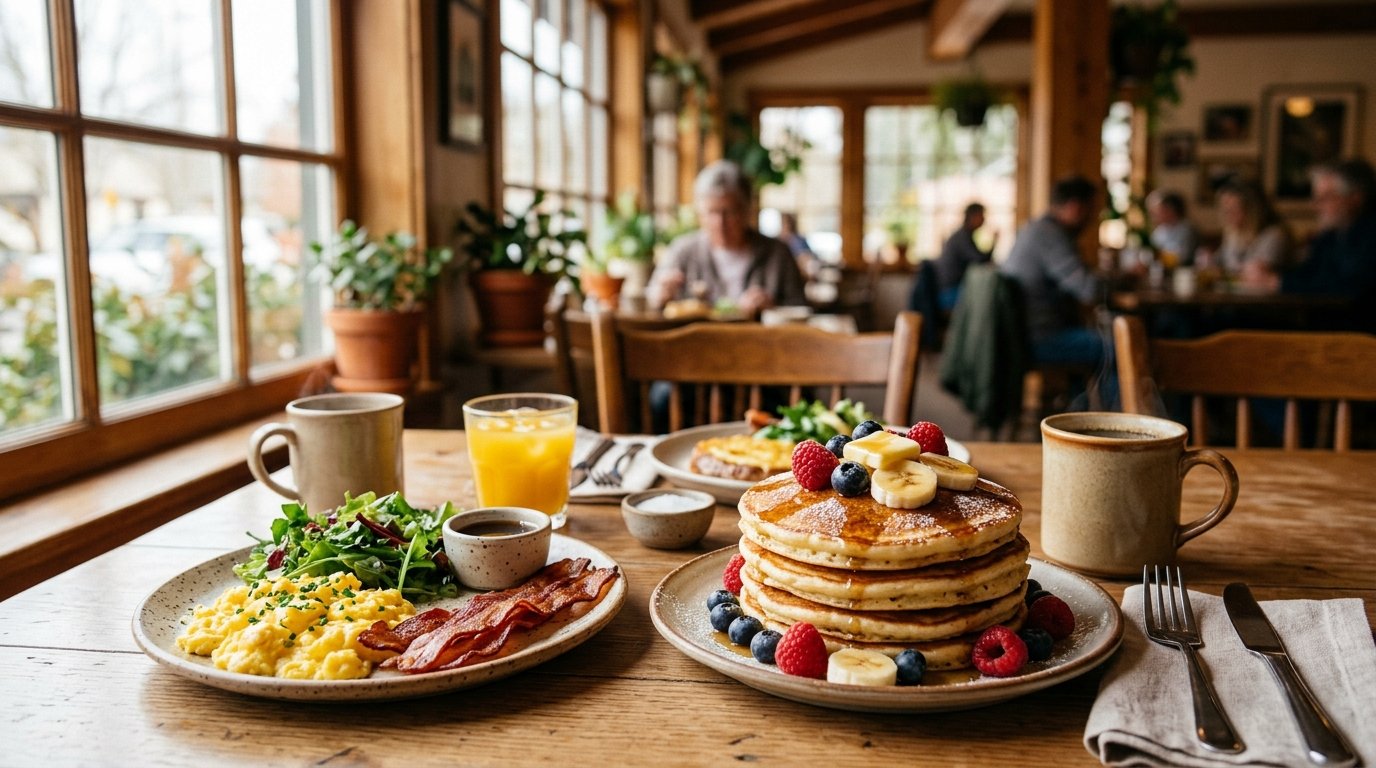 A table filled with pancakes, eggs, bacon, coffee, and orange juice in a cozy breakfast restaurant.