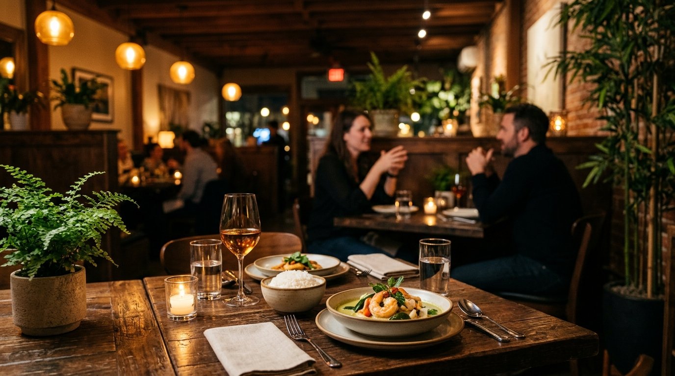 A warmly lit restaurant dining room with a plated Southeast Asian meal in the foreground and a couple dining in the background.