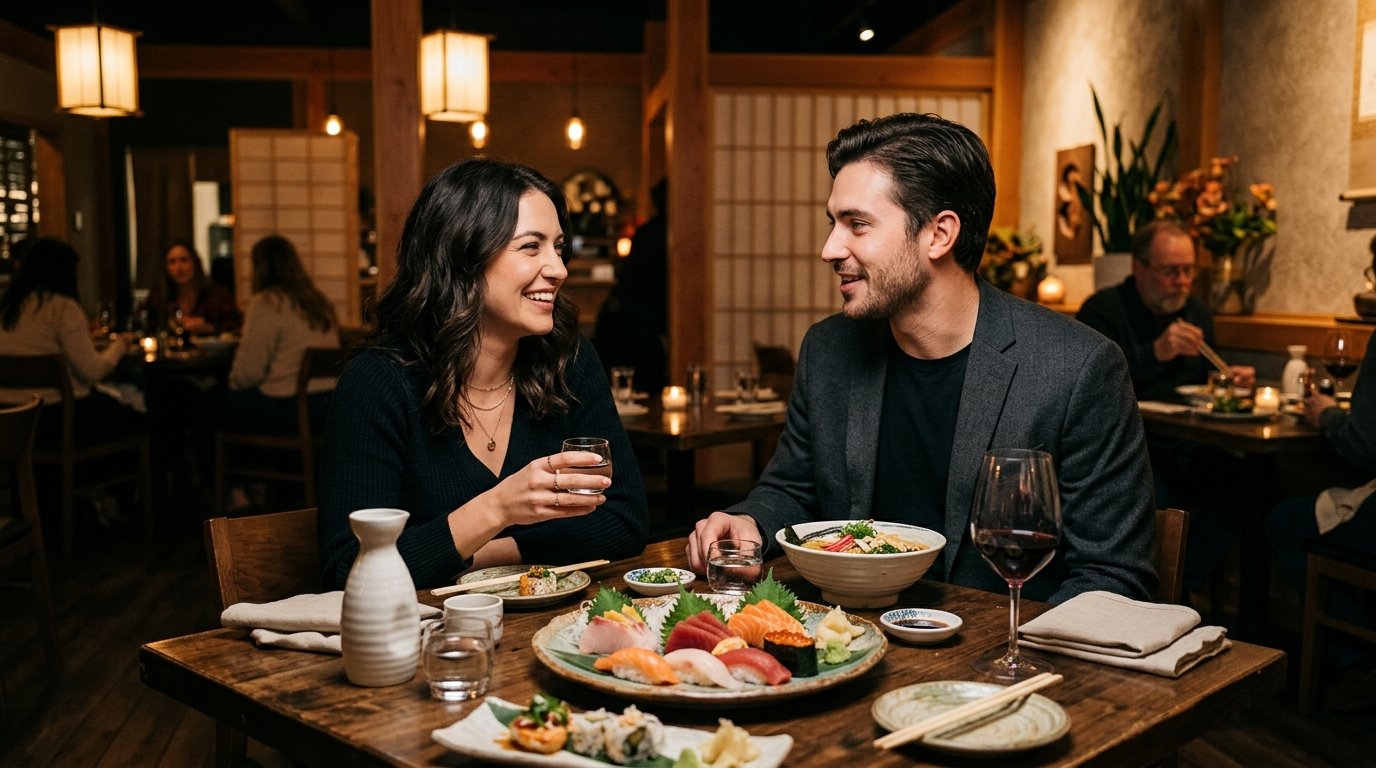 A couple enjoys Japanese-inspired dishes together at an intimate restaurant table.