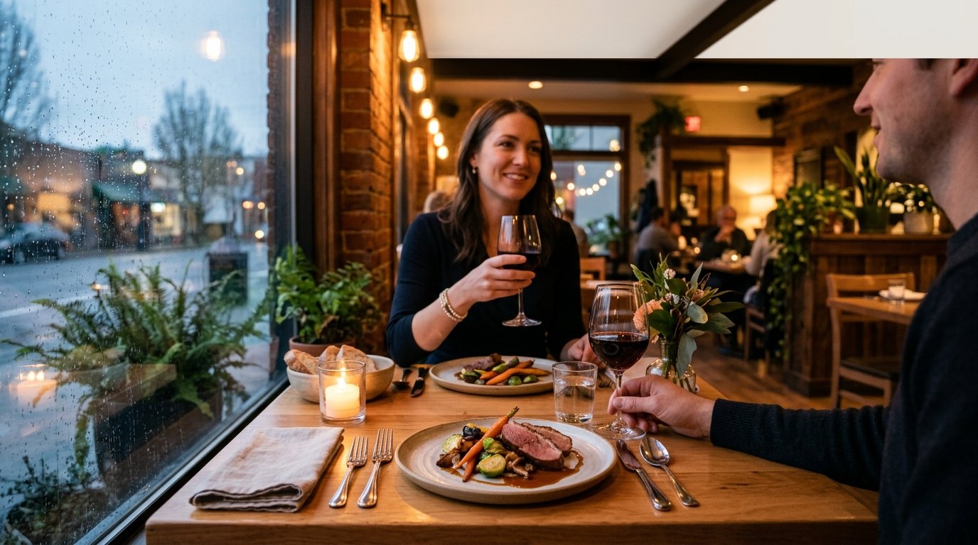 A warmly lit restaurant table set for two with candles, wine glasses, and a plated dinner.