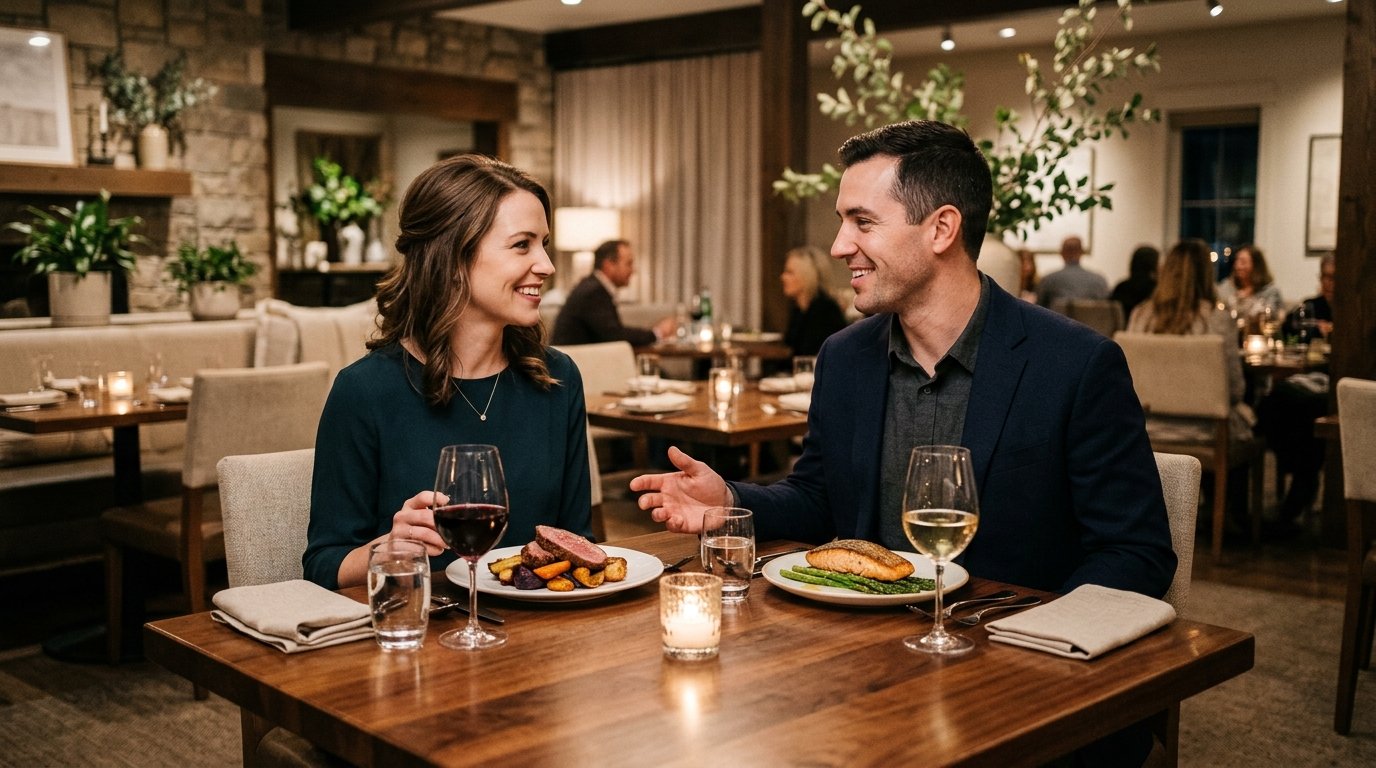 A couple enjoys a candlelit dinner at an elegant restaurant.