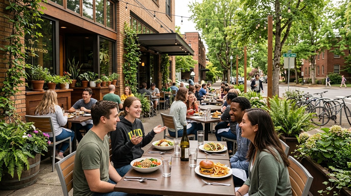 Diners enjoying a meal at an outdoor restaurant near a university campus.