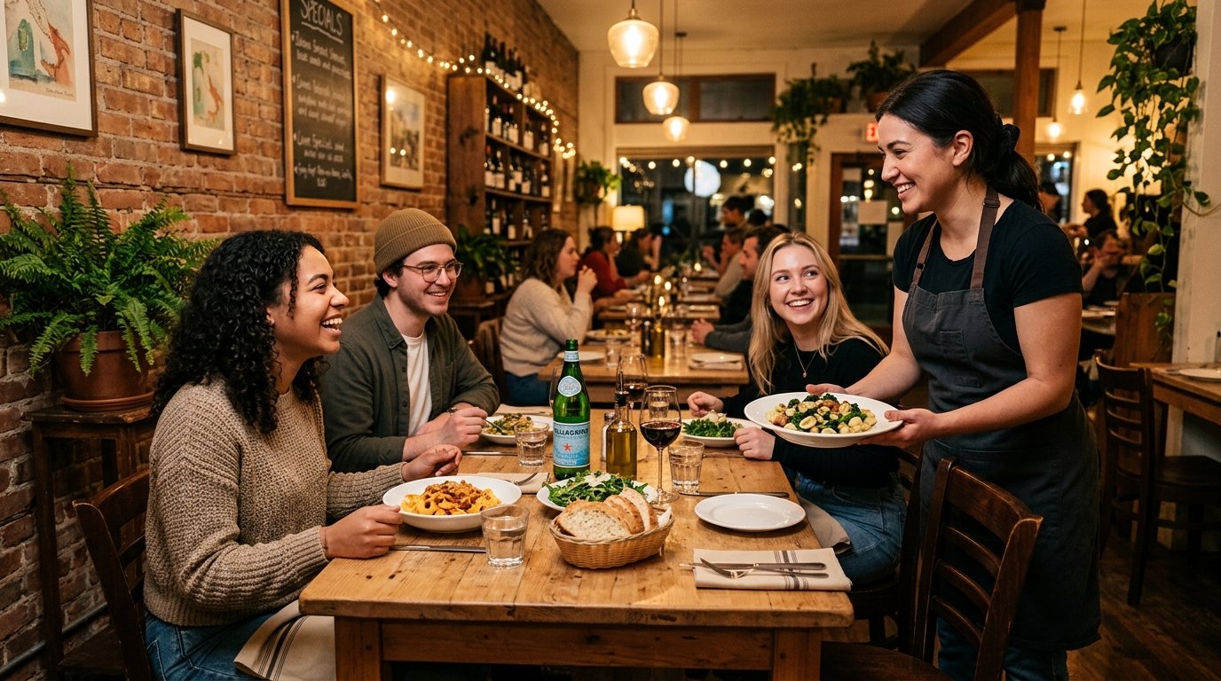 Diners enjoy pasta and other Italian dishes in a warm, rustic trattoria.