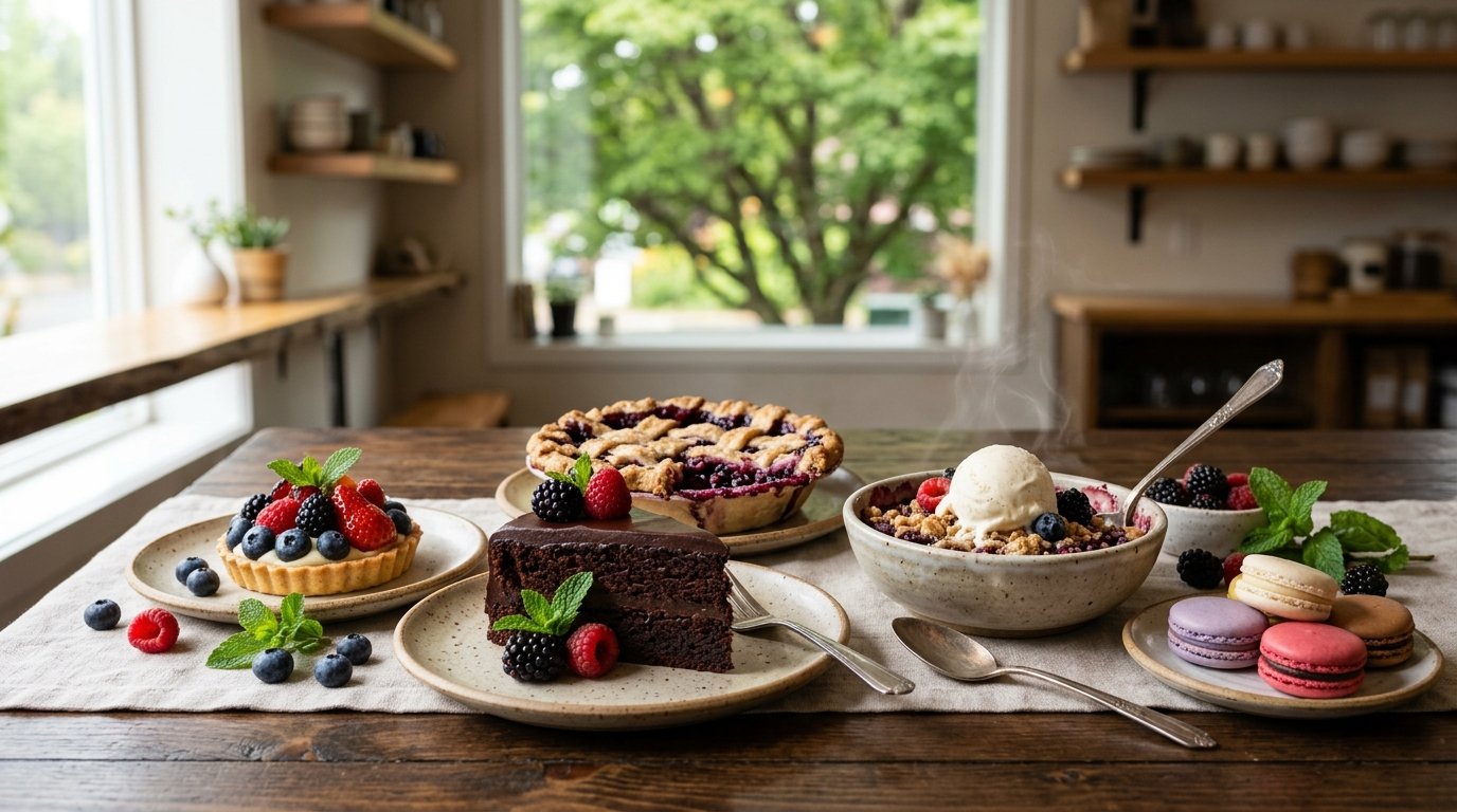 A selection of colorful cakes, berry pastries, macarons, and a warm fruit crumble arranged on a café table.