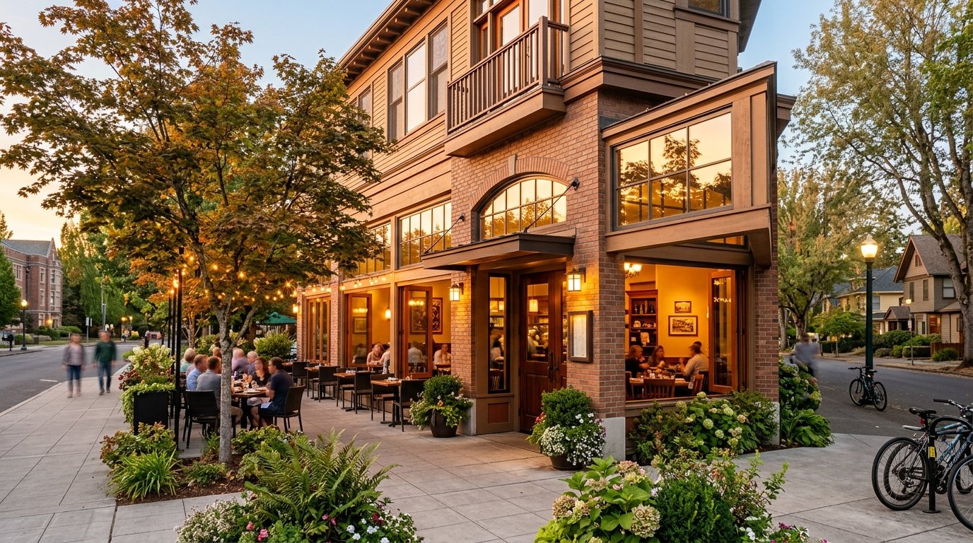 A warmly lit neighborhood bistro with outdoor seating and greenery near a tree-lined university area.