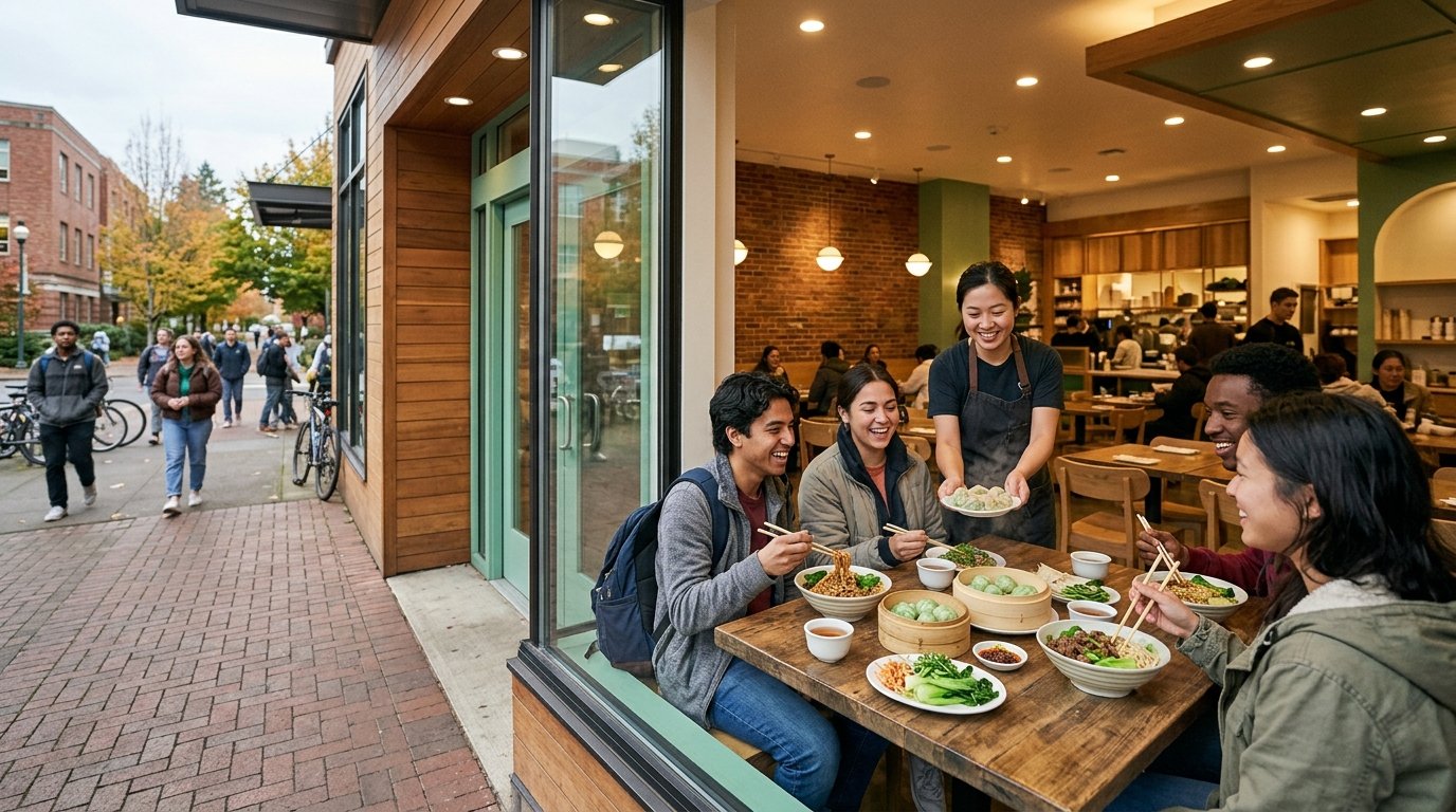 Friends enjoying dumplings and noodle dishes inside a welcoming Chinese restaurant.
