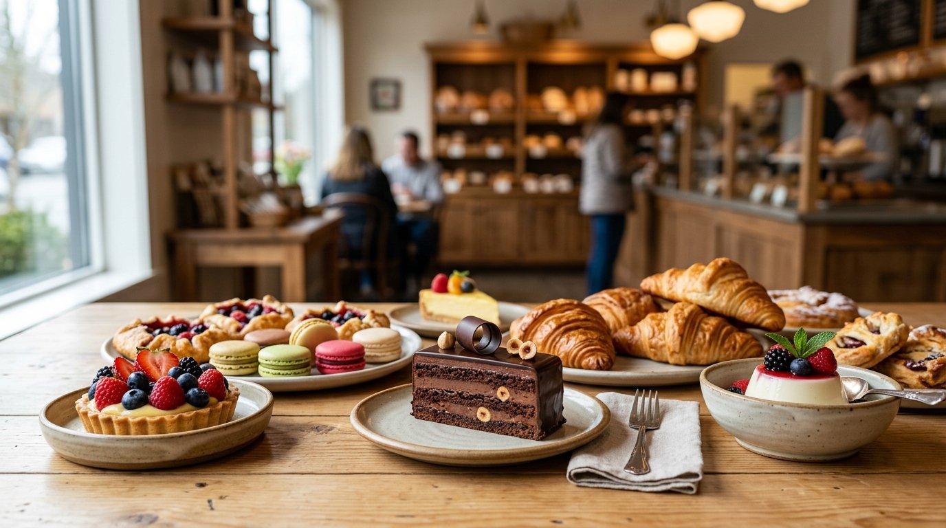 An assortment of colorful pastries and desserts arranged on a table in a cozy patisserie.