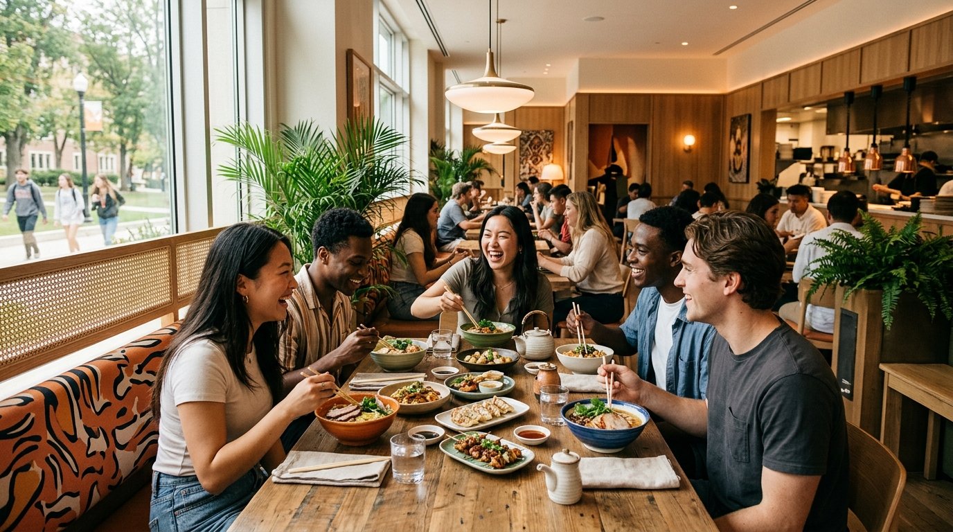 Diners enjoy a meal in a warmly lit Asian-inspired restaurant with tiger-themed decor.