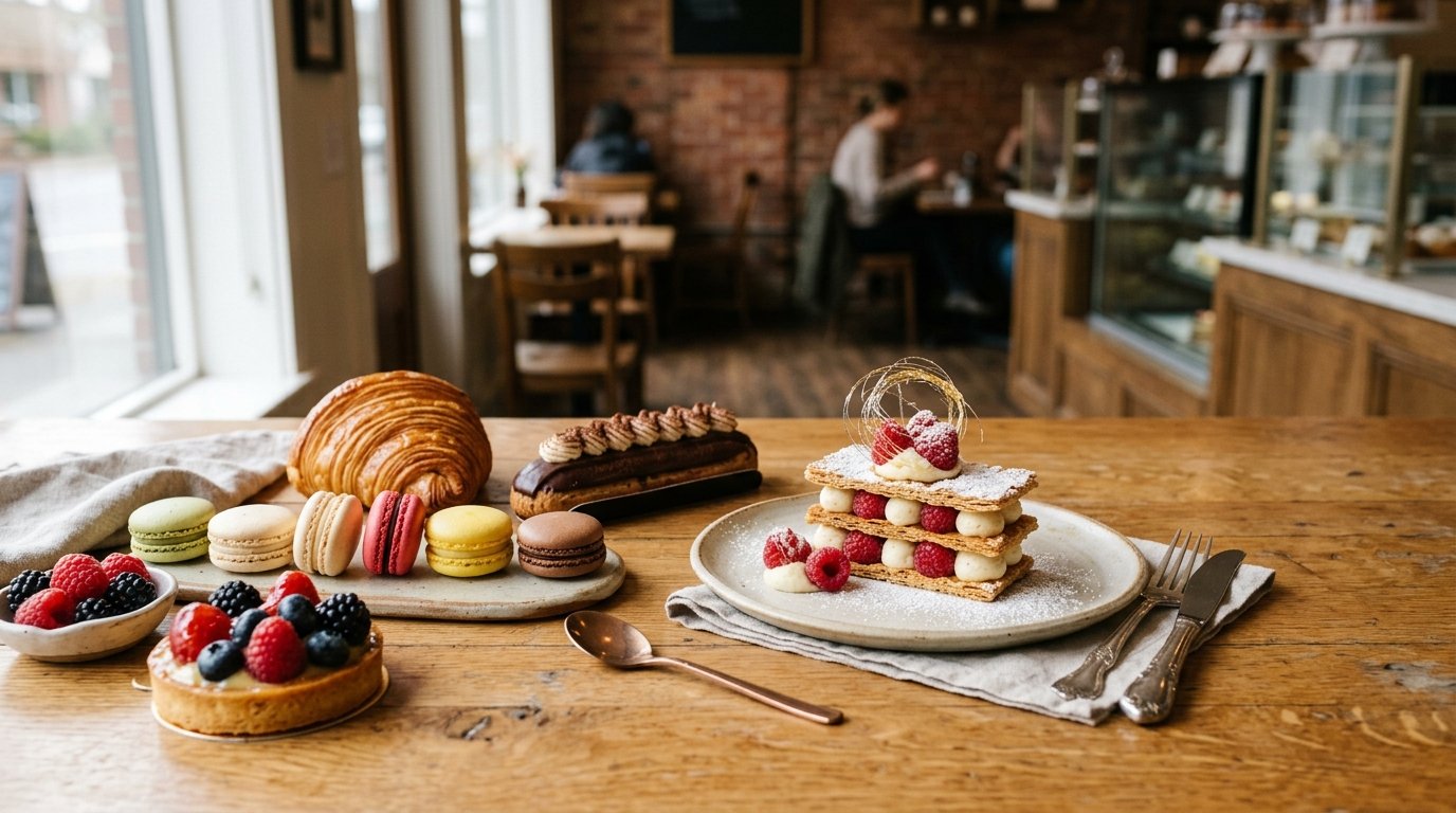 An elegant assortment of pastries and plated desserts displayed on a bakery counter.